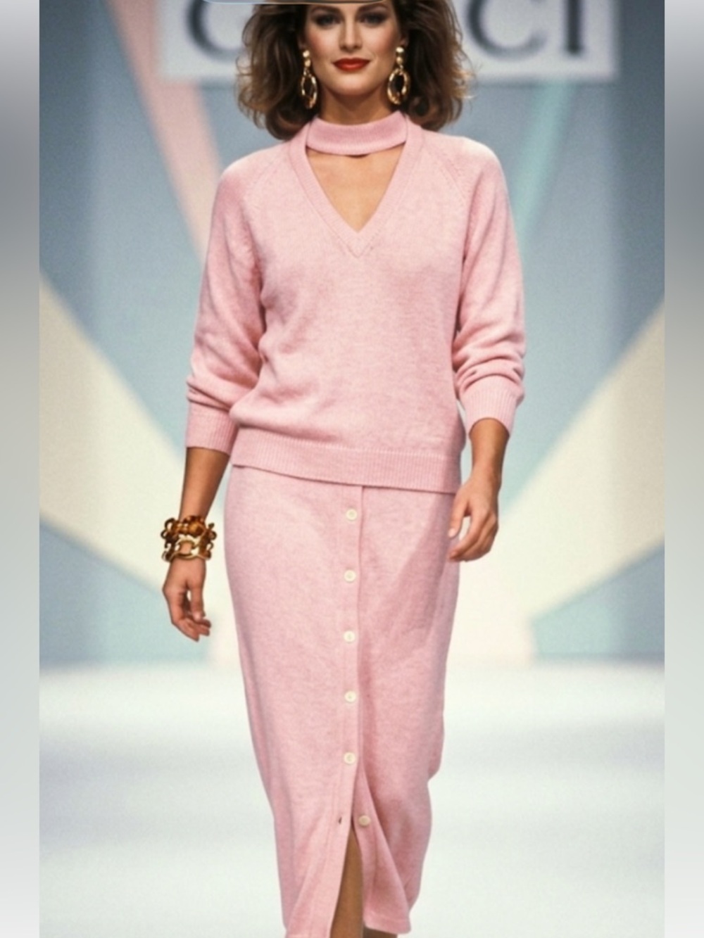 Rare Vintage Gucci Light Pink V-Neck Sweater and Skirt Set